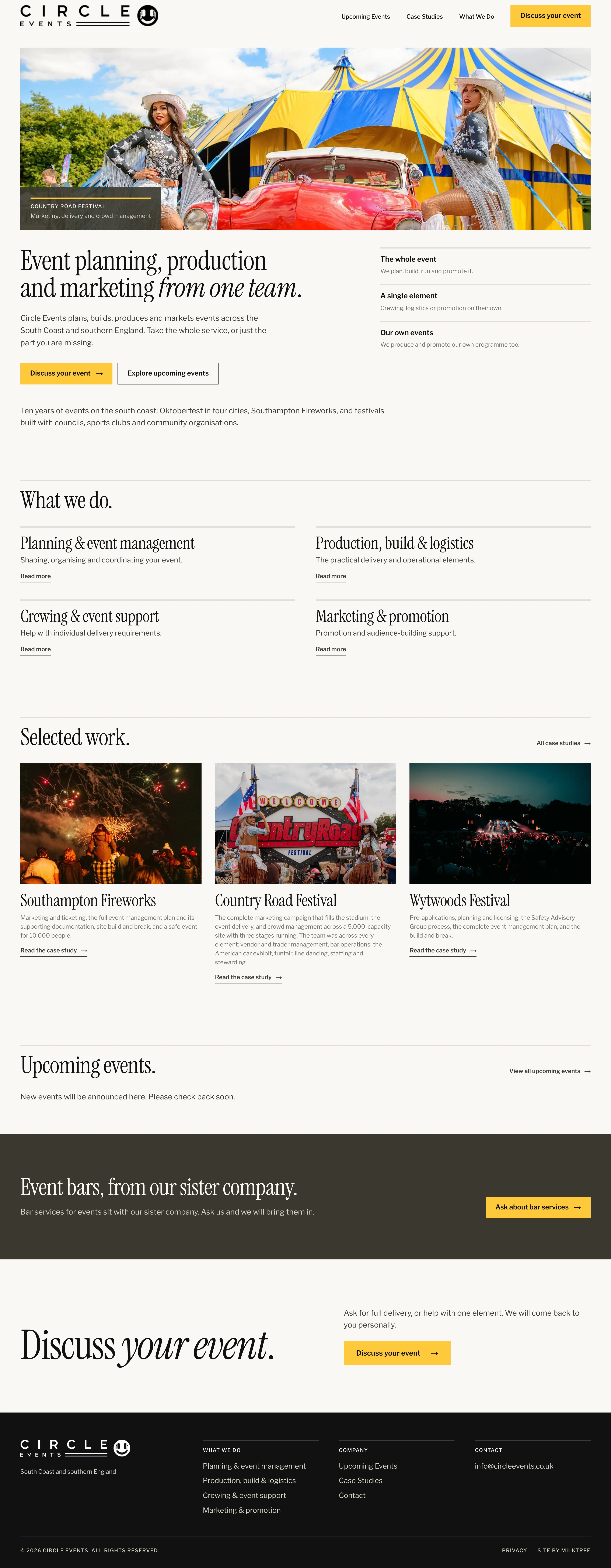 Full-page Circle Events homepage screenshot, from header to footer