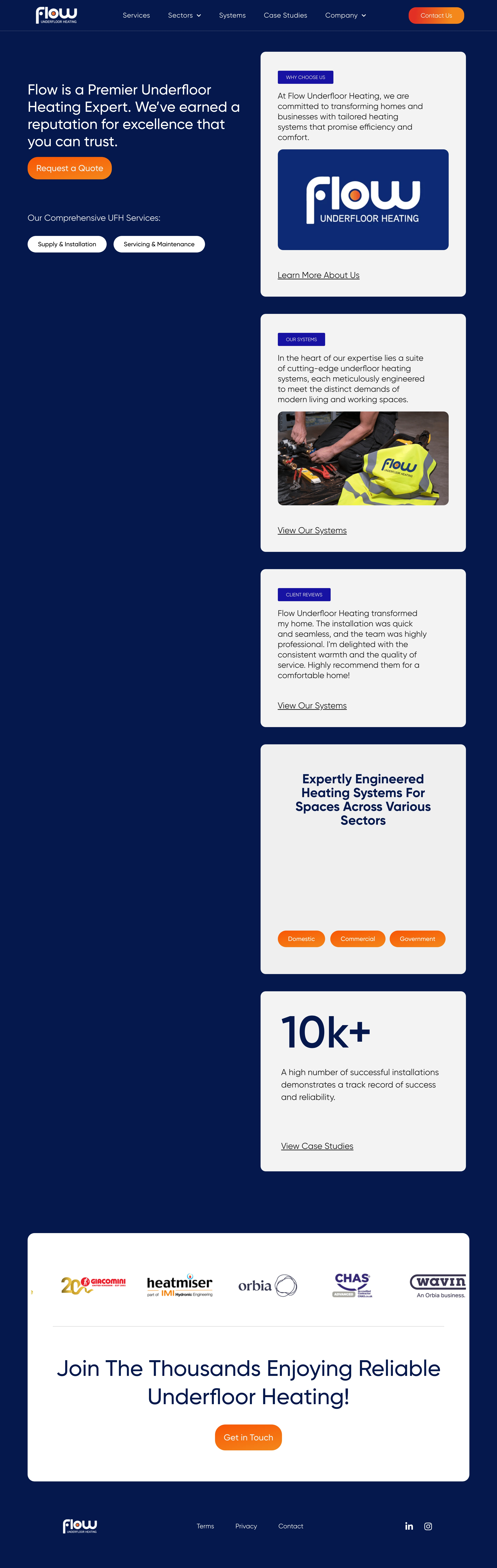 Full-page Flow Underfloor Heating homepage screenshot, from header to footer