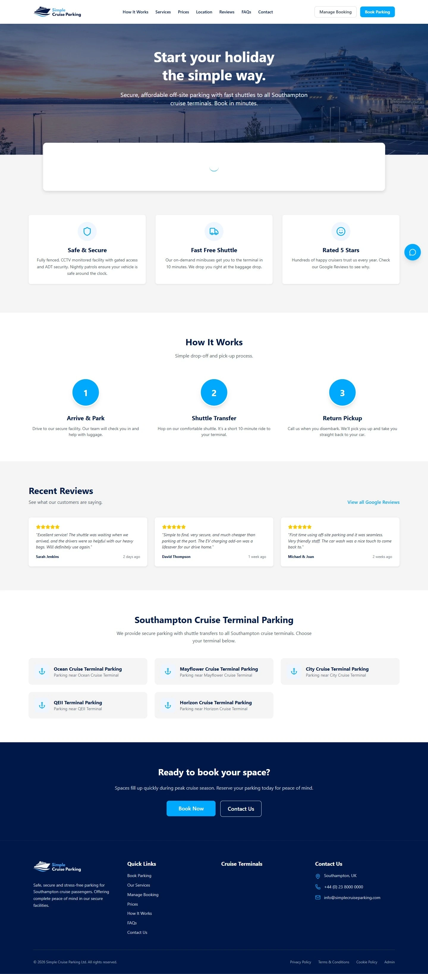 Full-page Simple Cruise Parking homepage screenshot, from header to footer
